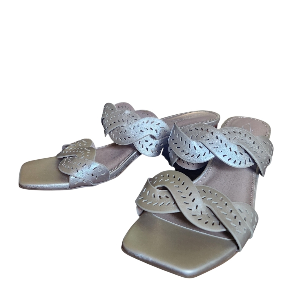 Joie Society Vegan Gold Double Strap 2.5" Stacked Block Heel Slide Sandal 9.5